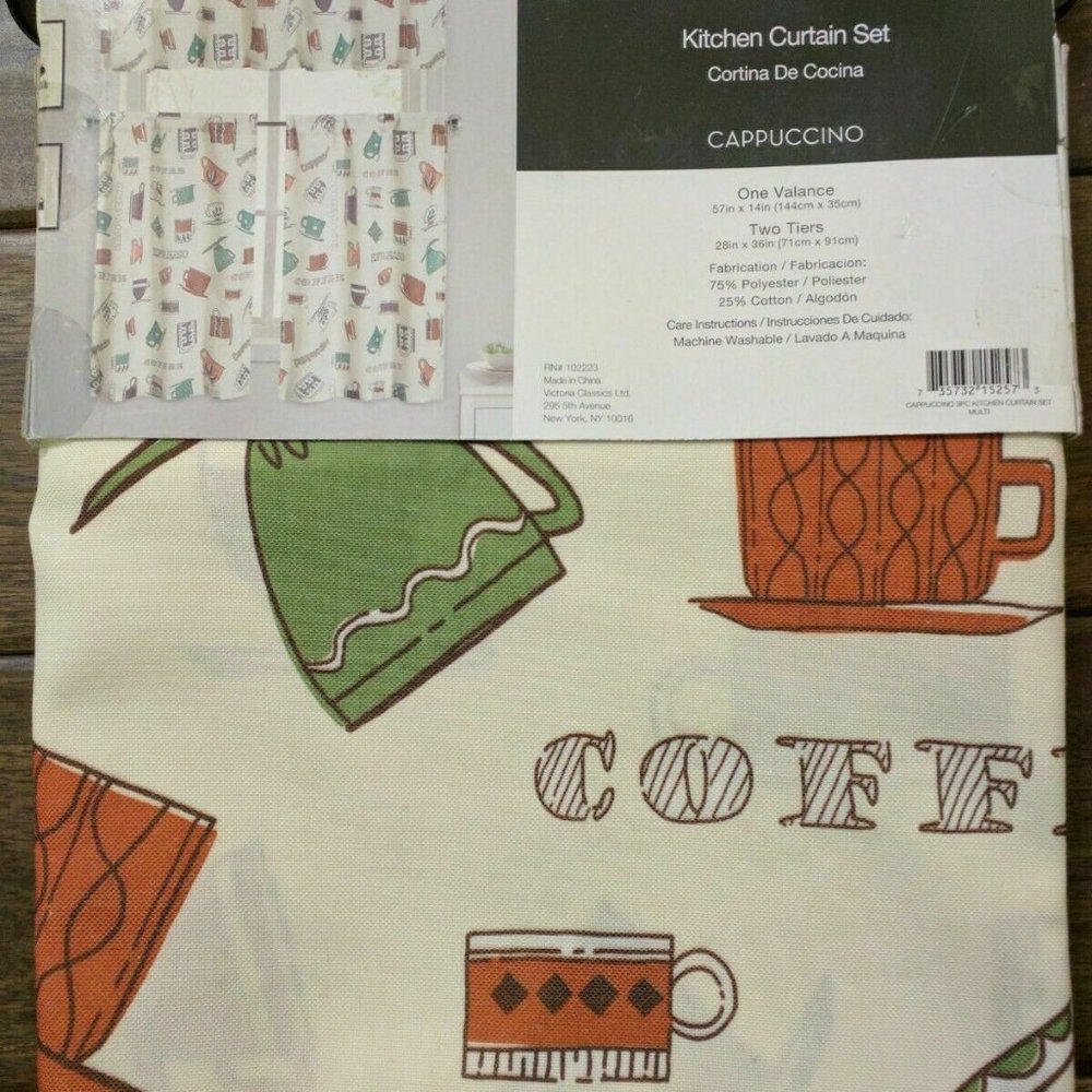 VICTORIA CLASSICS Printed Kitchen Curtain Tiers Valance Curtain 3 pcs Set COFFEE - Picture 2 of 2